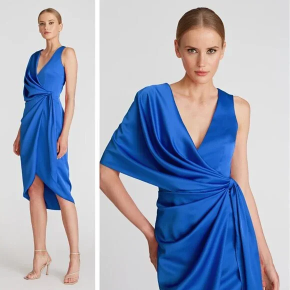 NWT Theia Candace Faux Wrap Cocktail Dress Blue Satin - Picture 1 of 9